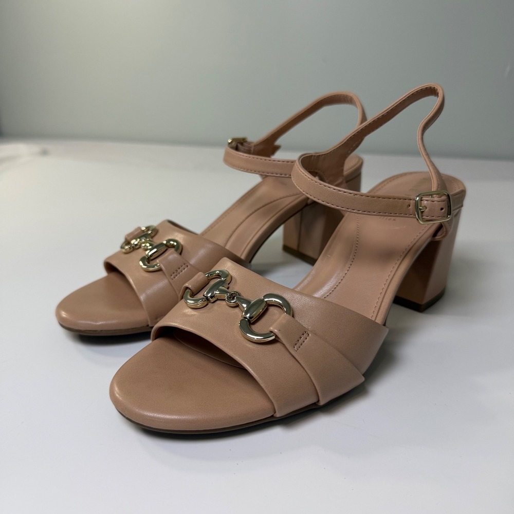 Anne Klein Renny Nude Beige Block Heel Sandals Horsebit Buckle Womens 7M